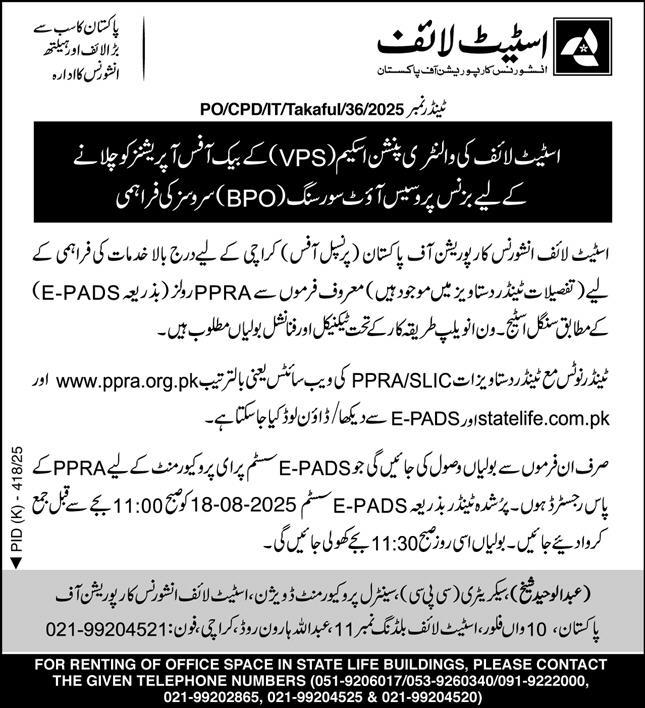 State Life Insurance Corporation of Pakistan Karachi Tender Notice